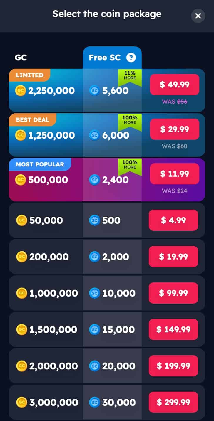 All the GC and SC coin packages available at NoLimitCoins.